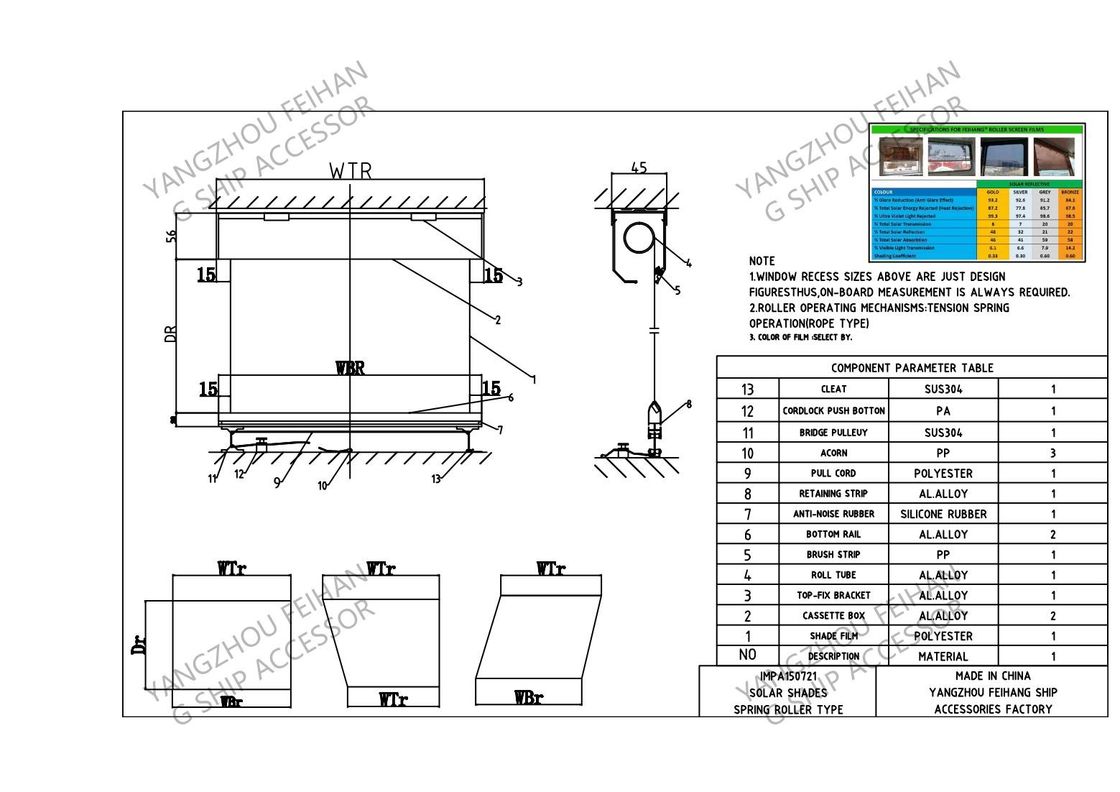 SILVAÇÃO SOLAR MARINA E ESCRIÊNIO SOLAR ANTI-GLAIR ROLLER BLIND-YANGZHOU FEIHANG Fábrica de acessórios para navios