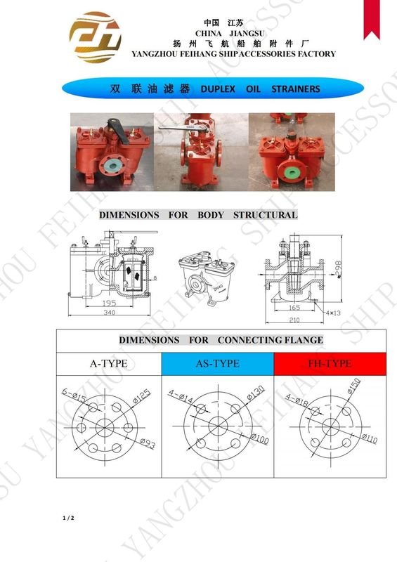 Tabela de parâmetros técnicos para o AS40 CB/T425 Filtro de óleo duplo Filtros de óleo duplos Corpo de ferro fundido com elemento de filtro