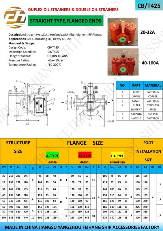 Filtro de óleo duplex de flanges de ferro fundido AS32 Cb/T425 para transferência de combustível