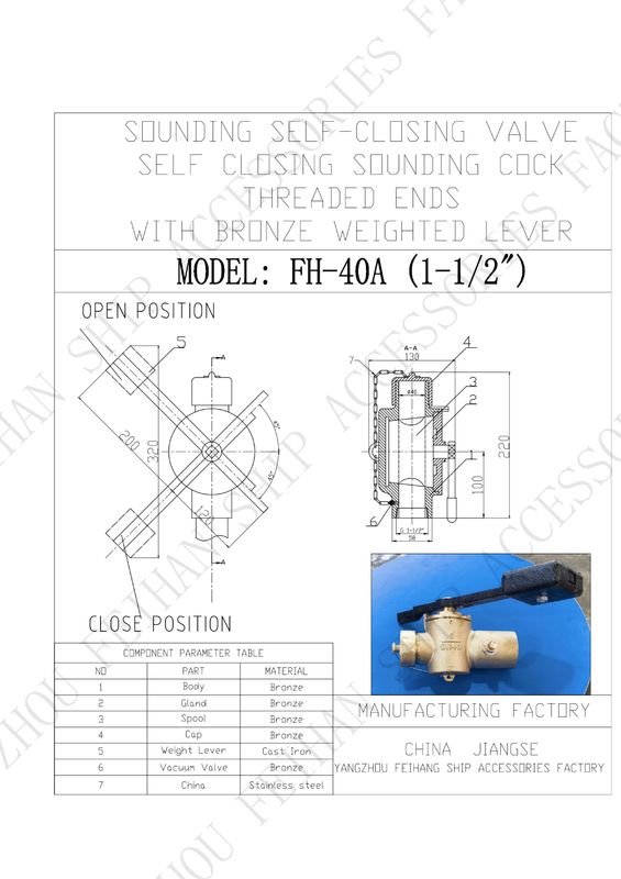 Parâmetro técnico para válvula de auto-fechamento de bronze modelo FH40 CB/T3778-1999