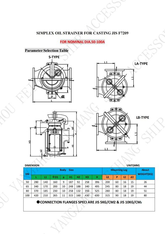 Dados técnicos para JIS F7209 Estirpes de óleo simples e corpo de filtro de cesta de óleo única - ferro fundido e filtro - aço inoxidável