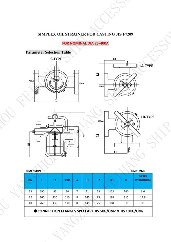 Dados técnicos para JIS F7209 Estirpes de óleo simples e corpo de filtro de cesta de óleo única - ferro fundido e filtro - aço inoxidável