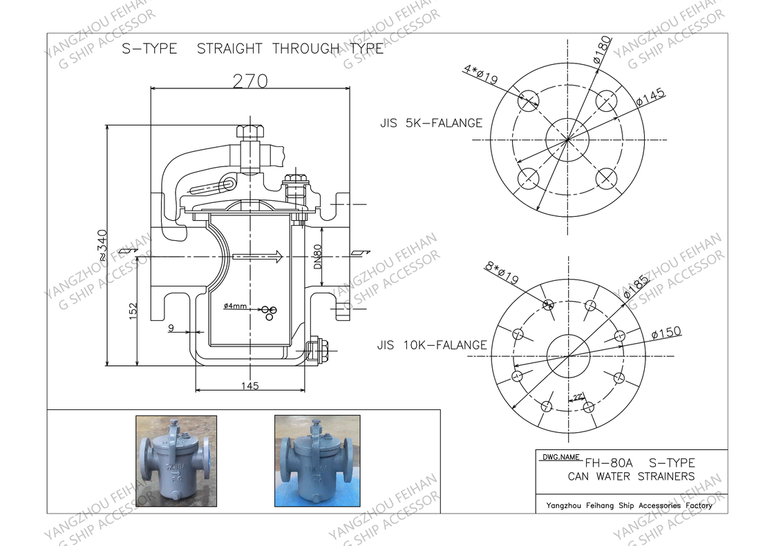 Technical parameter drawings For Can Water Strainer FH-5K-80A  & Can Water Filter FH-10K-80A Cast iron body, stainless steel filter element